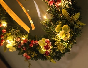 Close-up of Christmas wreath with green eucalyptus, red berries, and warm LED lights