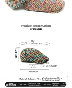Ethnic pattern newsboy cap details showing polyester fabric weight and dimensions
