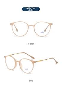 Detailed front and side views of milk tea gold anti-blue light glasses with metal temples