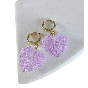 Elegant purple heart drop earrings with gold hoops and crystal texture on stone base