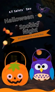 Detail of DIY Halloween felt candy bags with cartoon pumpkin and owl craft textures