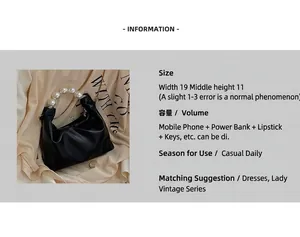 Detail view of black handbag showing pearl handle and dimensions W19cm H11cm