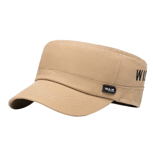 Khaki flat top military cap in twill cotton with side embroidery and black logo patch