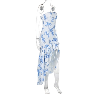 Detail of blue floral off-shoulder dress with ruffled asymmetric hem and slim waistline