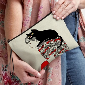 Minimalist canvas makeup bag with modern cat and profile illustration and black wristlet