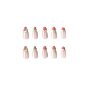 Set of 10 almond press-on nails with mint green and pink geometric mosaic patterns