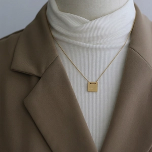 Vintage 18K gold plated square pendant necklace with brushed matte finish and engraving