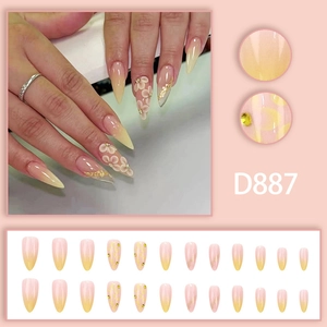 24 unghie finte a mandorla sfumate gialle con fiori 3D bianchi e piccoli strass