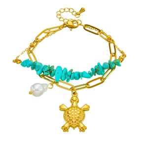 Bracciale a strati dorati con pietre turchesi, perla e ciondolo a forma di tartaruga