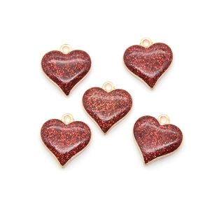 Set of five glittery dark red heart pendants with gold frames for DIY jewelry crafting