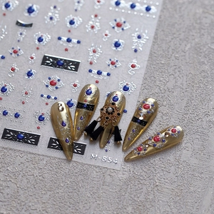 Frosted M854 nail art stickers with silver borders and red blue rhinestone designs