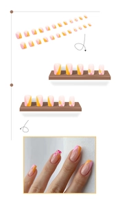 Detail view of pink and yellow square false nails with delicate flower floral pattern