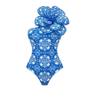 One Shoulder One Piece Swimsuit And Maxi Skirt 3D Floral Decoration Blue Ethnic Print Beach Holiday Wear Women