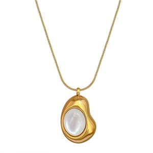 Minimalist titanium steel gold necklace featuring a cat-eye stone pendant on snake chain