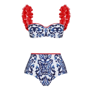 Detailed view of Majolica tile print bikini set with 3D red floral straps and high waist