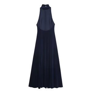 Elegant navy blue velvet halter backless maxi dress displayed on white background