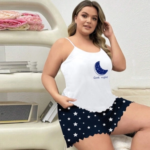 Detail of plus size sleepwear with scalloped edge shorts and Good night moon print