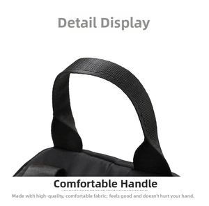 Detail of reinforced nylon woven handle on black quilted water-resistant backpack