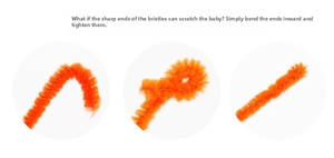Detail showing safe handling steps for orange plush chenille stems wire ends