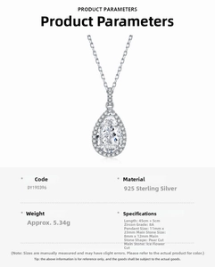Macro detail of S925 sterling silver necklace with pear-cut 8A zircon pendant specs
