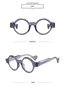 Detailed views of grey round frame sunglasses in vintage style from front and side angles