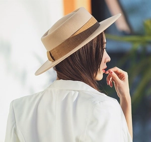 Fashionable beige wool felt flat top wide brim fedora hat with contrast ribbon trim