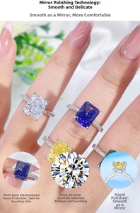 Macro detail of S925 silver rings with colorful radiant-cut cubic zirconia in four-claw settings