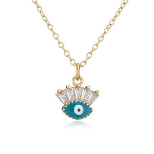 18K gold plated necklace with blue enamel evil eye pendant and clear zircon stones