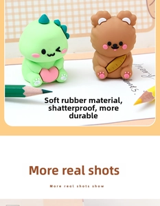 Close-up of cute dinosaur and bear pencil sharpeners made of durable soft silicone
