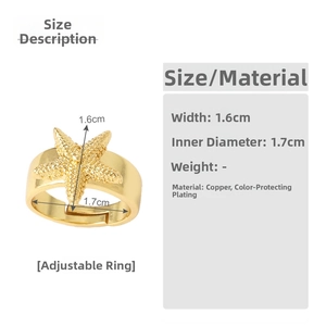 Size guide for gold starfish adjustable ring showing width 1.6cm and inner diameter 1.7cm