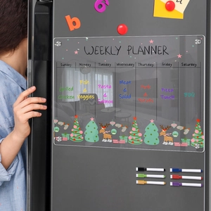 Magnetic acrylic weekly planner with Christmas illustrations and six colorful dry erase markers