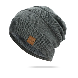 Deep grey knitted beanie with thick warm fleece lining and brown leather F&S logo patch