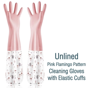 Pink waterproof rubber kitchen gloves with flamingo print elastic cuffs for household cleaning