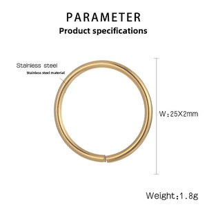 Macro detail of 25x2mm gold stainless steel open jump ring with dimensions and weight