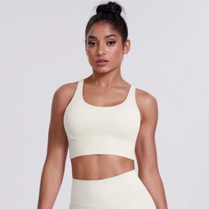 Close-up of matte brushed sports bra fabric with crisscross back design and high elasticity