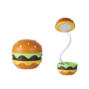 Creative hamburger shaped LED desk lamp showing closed and open adjustable modes