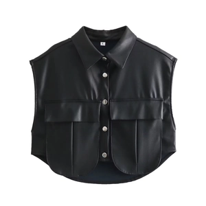Women Casual PU Leather Vest Sleeveless Solid Color Button Down Waistcoat With Large Pockets Retro Shirt Collar Polyester Top