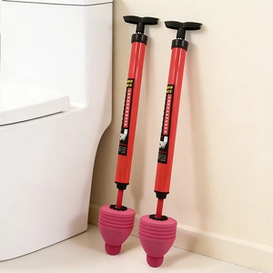 Dual high-pressure toilet plungers with red body and black T-handle for clogs