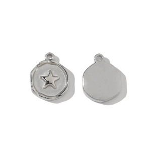 Detailed view of silver stainless steel charms with embossed star and hexagon shapes