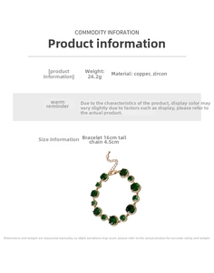 Detailed specs of gold plated copper bracelet with large green zircons and adjustable chain