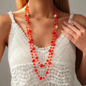Elegant multi-layer red crystal beaded necklace with gold floral rhinestone accents
