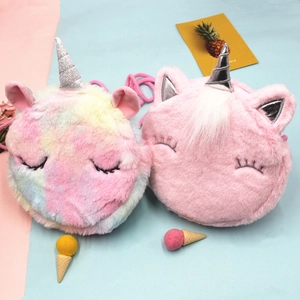 Sacs à bandoulière licorne en peluche arc-en-ciel et rose avec corne argentée