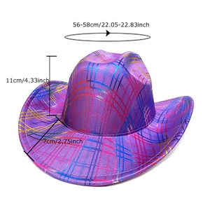 Purple western cowboy hat with rainbow plaid texture, brim 7cm and height 11cm dimensions