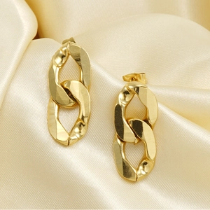 Detail of 18K gold-plated titanium chain link earrings on elegant silk background