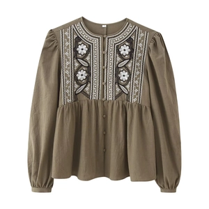 Ethnic Floral Embroidered Blouse Round Neck Long Lantern Sleeve Loose Bohemian French Style Linen Feel Polyester Top