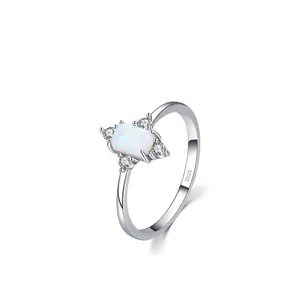 Vintage 925 sterling silver ring with rectangular opal stone and round zircon accents