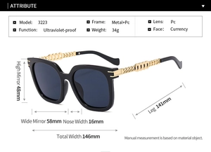 Detailed size chart for oversized black sunglasses with gold metal chain arms