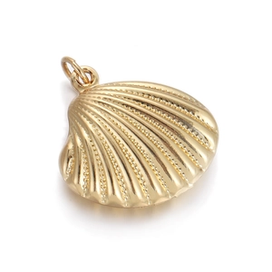 Detail of a textured gold shell locket pendant with a polished metallic connector ring