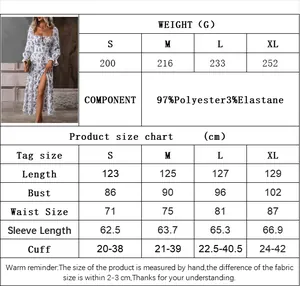 Detaillierte Größentabelle für Blumen-Maxikleid mit Maßen und Materialinformationen
