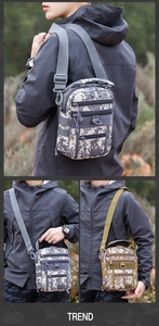 Outdoor tactical chest bags in grey and khaki camo with MOLLE webbing system and zippers